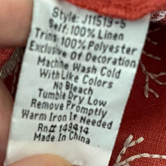 JOHNNY WAS Brick Red Embroidered 100% Linen Peasant Top: Size Small; NWOT! - Picture 9 of 9